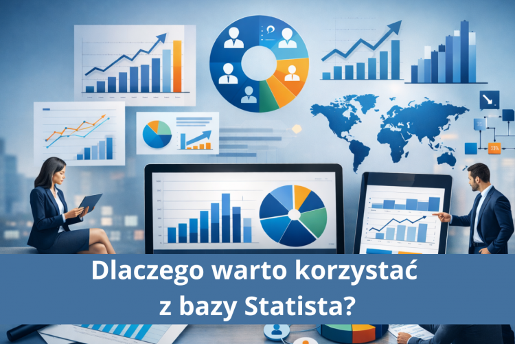 Grafika przedstawia nowoczesną scenę biurową z laptopem i tabletem wyświetlającymi kolorowe wykresy oraz dokumentami i lupą symbolizującą analizę danych. Trzy osoby w strojach biznesowych wspólnie analizują informacje na tle rozmytego widoku miasta.