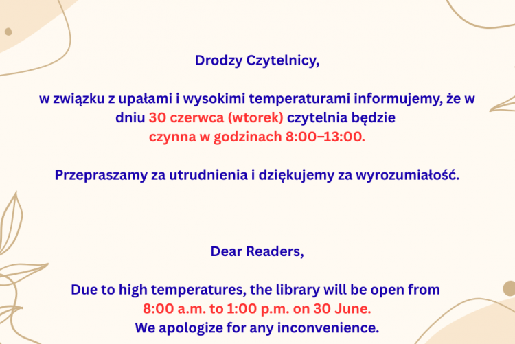 Grafika związana z infomracją dotyczącą upałów i pracy do g. 13 w bibliotece