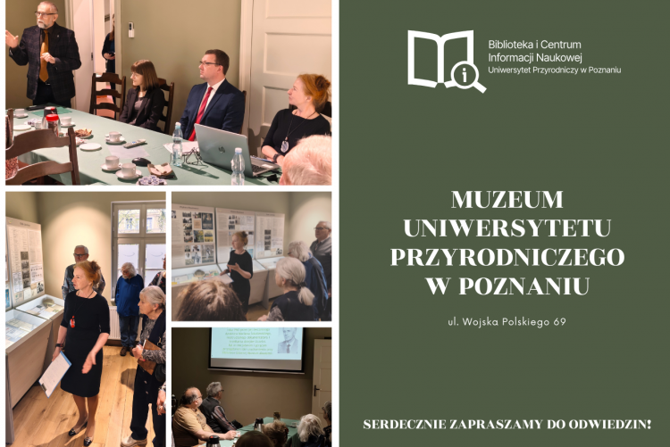 Grafika z kolażem zdjęć związanych z otwarciem działalności muzeum uniwersytetu przyrodniczego w poznaniu
