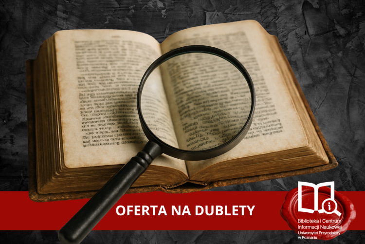 Grafika z lupą która jest nad książką, w prawym dolnym rogu czerwona pieczeć z logo biblioteki, na srodku napis oferta na dublety, tło w tonacji czarnej