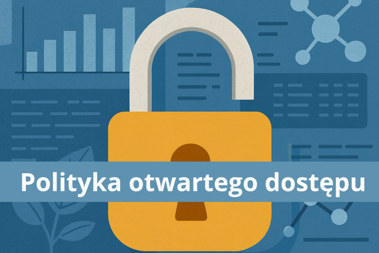 Grafika z napisem: polityka otwartego dostępu, w tle otwarta kłódka i dane statystyczne