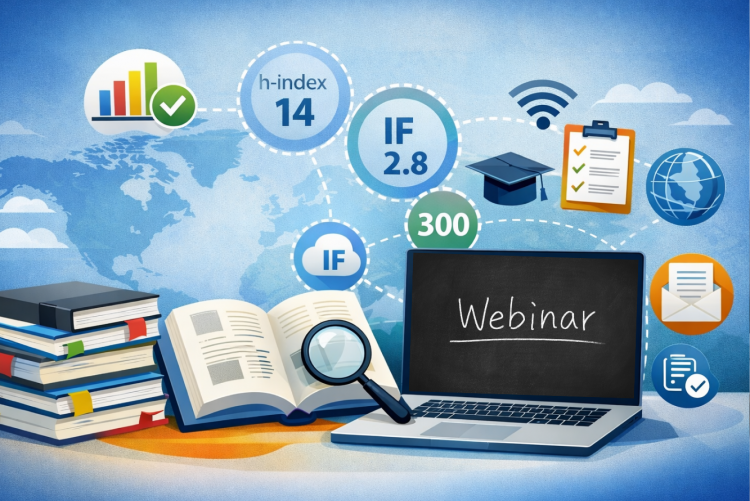 Na grafice widoczna jest nowoczesna, ilustracyjna grafika o tematyce naukowej i akademickiej.  Na pierwszym planie, po lewej stronie, znajduje się stos książek symbolizujący dorobek naukowy oraz publikacje. Obok leży otwarta książka, na której położona jest lupa – element podkreślający analizę, ocenę i weryfikację treści naukowych.