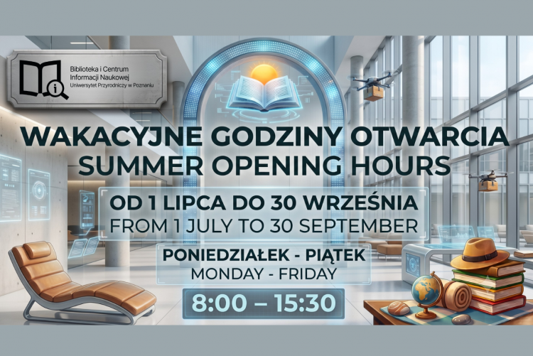 Grafika przedstawia jasne, przestronne wnętrze nowoczesnej biblioteki, inspirowane współczesną architekturą (duże przeszklenia, betonowe kolumny i minimalistyczne meble). Grafika wspomagana z AI.