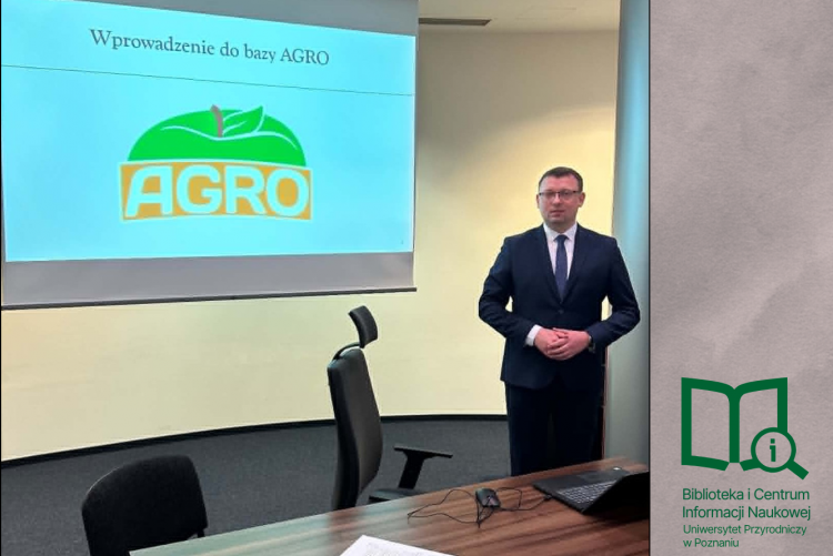 Grafika przedstawijąca Dyrektora Biblioteki na konferencji prezentujący temat AGRO. Grafika wspomagana z CANVa i  AI