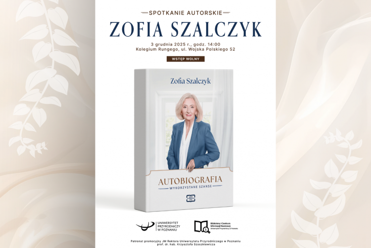 Grafika w tonacji beżowej, oraz wyeksponowana książka autorska w ramach spotkania Pani Zofii Szalczyk