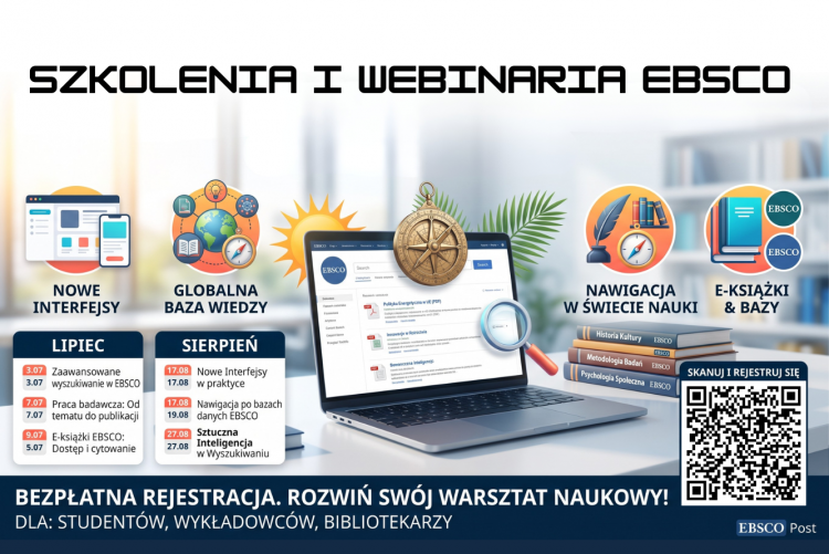 Grafika przedstawiająca nowoczesny baner reklamujący letni cykl bezpłatnych webinariów „Szkolenia i webinaria EBSCO – lipiec i sierpień 2026 - wspomagane z AI.