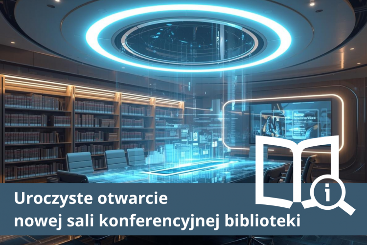 Grafika dla potrzeb: uroczystego otwarcia nowej sali konferencyjnej, w tle książki, stół, komputery i logo biblioteki. Grafika wspomagana z AI.