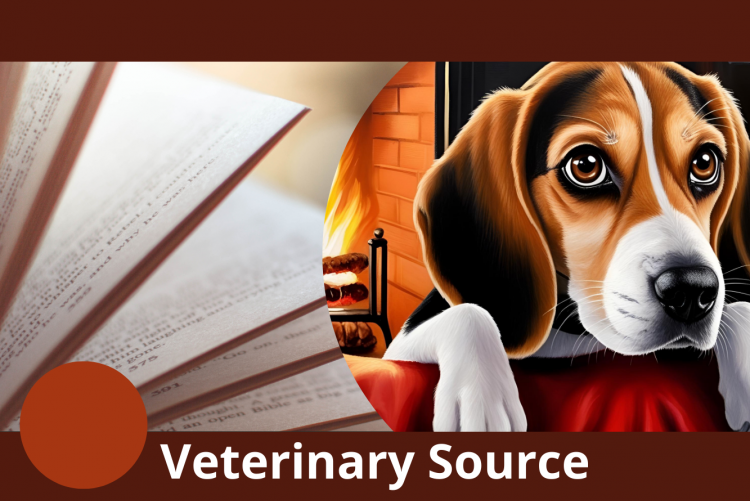 Grafika z napisem Veterinary Source, w tle pies i ksiązki (obraz powstał ze wsparciem AI).