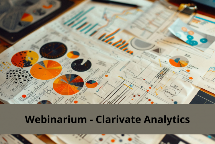 grafika z danymi, wykresami oraz napisem: Webinarium - Clarivate Analytics