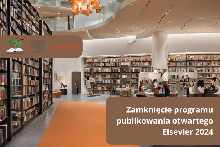 Grafika z regałem ksiązek i czytelnią oraz napis: Zamknięcie programu publikowania otwartego Elsevier 2024