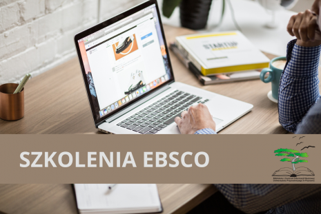 Grafika z laptopem na biurku i informacją o szkoleniach z EBSCO