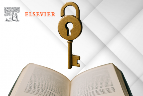 Grafika z szarym tłem, logo Elsevier oraz ze wsparciem AI utworzony klucz i książka