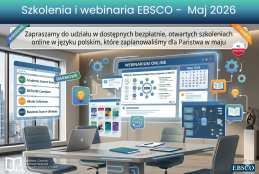 Grafika dotycząca Szkolenia i webinaria EBSCO -  Maj 2026 wspomagana z AI