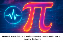 Grafika ze wsparciem AI Na pierwszym planie matematyczna liczba pi (π) w artystyczny sposób, łącząc elementy nauki i medycyny. Plus teskt: Academic Research Source, Medline Complete,  Mathemiatics Source – dostęp testowy