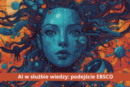 Grafika głowy kobiety robot w kolorze niebieskim oraz napis: AI w służbie wiedzy: podejście EBSCO