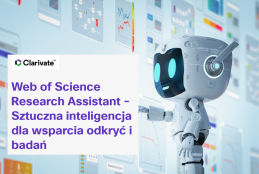 Grafika z robotem i ekranem danych oraz tekstem dotyczący dostępu testowego i webinaru do AI Web of Science AI Research Assistant