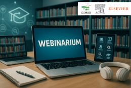Czerwcowe webinaria Elsevier - grafika wspomagana z AI na środku laptop w tle regały z kisążkami, logo elsevier, log biblioteki