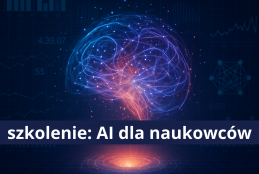 Grafika promująca szkolenie online z AI dla naukowców. W tle widoczne wykresy, metryki, statystyki, cyfry i sieci neuronowe. W centrum umieszczony dynamiczny, futurystyczny akcent wizualny – zaskakujący element łączący sztuczną inteligencję i naukę, np. hologram mózgu lub abstrakcyjna kula energii otoczona danymi. Styl nowoczesny, profesjonalny, akademicki