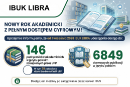 Grafika przedstawia baner informacyjny UPP i IBUK LIBRA utrzymany w zielono-granatowej, akademickiej kolorystyce. Główny akcent położono na wyeksponowanie kluczowych liczb (146 zakupionych podręczników oraz 6849 darmowych publikacji) wraz z jasną informacją o konieczności logowania przez serwer HAN, grafika wykonana przy pomocy AI