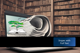 Grafika z książkami w tle i laptopem. Z ekaranu laptopa widać otwartą książkę i logo biblioteki. Przycisk w prawym dolnym rogu: Inspec full text - dotyczy dostępu testowego dla bazy