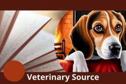Grafika z napisem Veterinary Source, w tle pies i ksiązki (obraz powstał ze wsparciem AI).