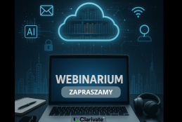 Webinaria Clarivate w czerwcu - grafika wspomagana AI i przedstawia laptop, w tle futurystyczne przedstawienie danych w chmurze, logo Clarivate