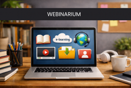 Grafika wspomagana z AI: Na drewnianym biurku stoi otwarty laptop, a wokół niego znajdują się książki, kubek z kawą, słuchawki i przybory biurowe, tworząc przyjazną przestrzeń do pracy i nauki online