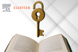 Grafika z szarym tłem, logo Elsevier oraz ze wsparciem AI utworzony klucz i książka