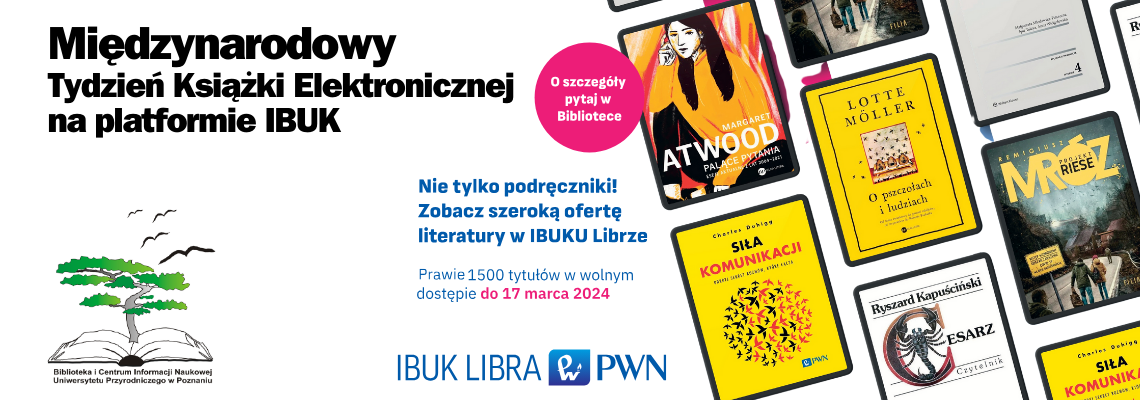 Grafika z tekstem: Międzynarodowy  Tydzień Książki Elektronicznej  na platformie IBUK oraz książkami i Logo PWN i Ibuk