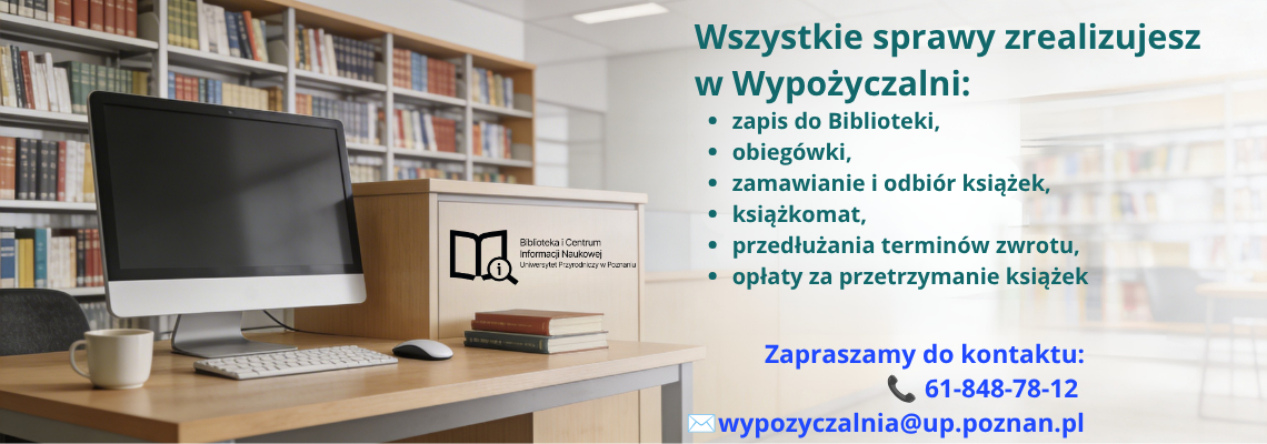 Grafika przedstawia komputer z zasobami biblioteki oraz napis co mozna zrobić w wypożyczalni. Grafika wspomagana z AI.