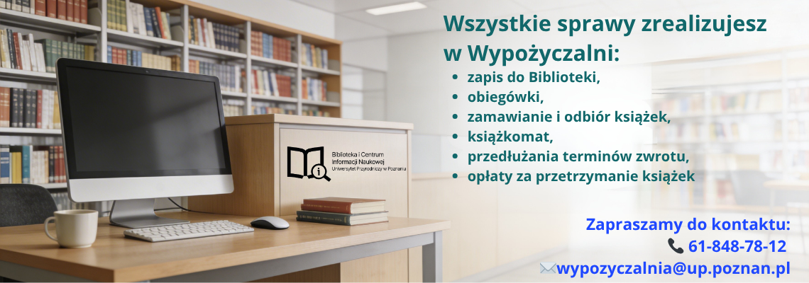Grafika przedstawia komputer z zasobami biblioteki oraz napis co mozna zrobić w wypożyczalni